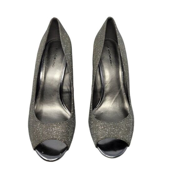 Bandolino Womens BDTufflove Wedge 11 Heel Metallic Silver Sparkle Peep Toe Glam - Picture 2 of 11